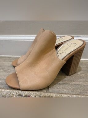 Jessica Simpson Beige Leather Mule with Stacked Block Heel